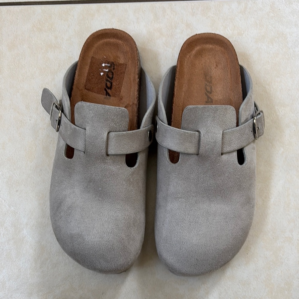 Gray Suede Clogs with Buckle